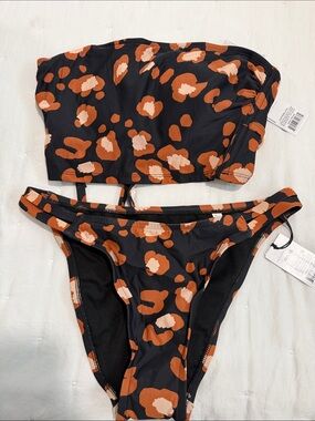 Black Bandeau Bikini Set with Rust and Cream Floral Spots